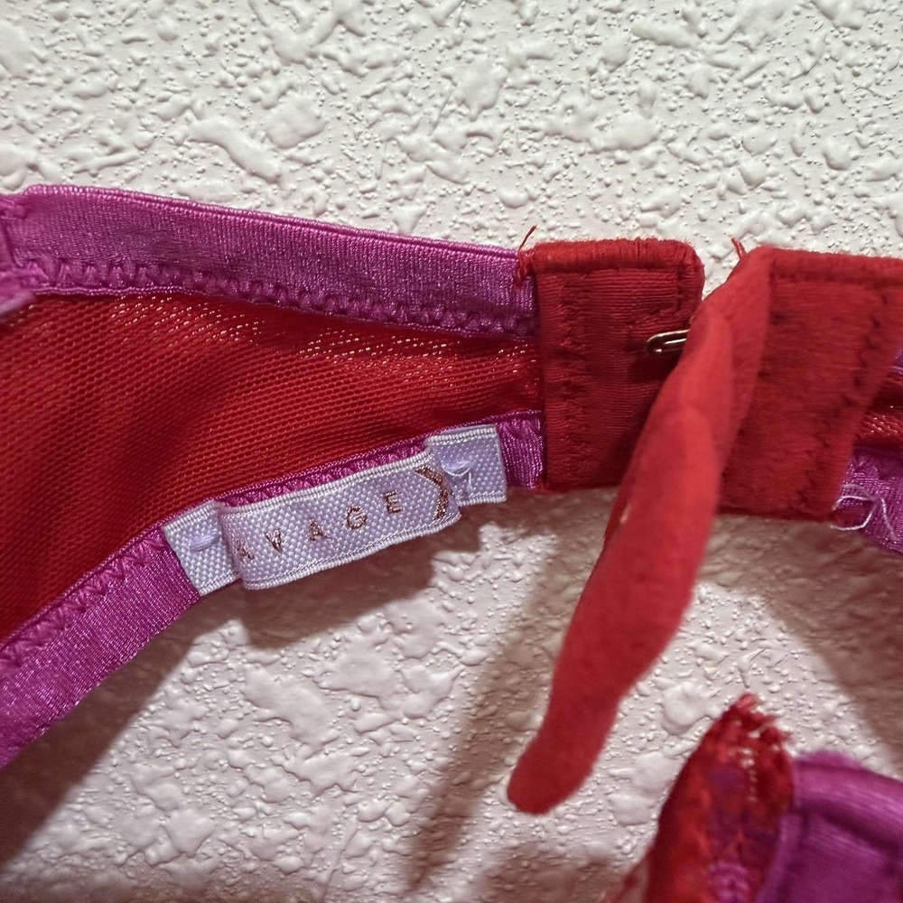 Savage X Fenty Red Pink Lace Bodysuit Ribbon Writing Lace Teddy Size Small - Picture 7 of 8